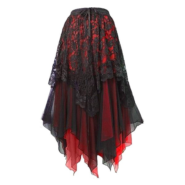 Womens High Waisted Lace Gothic Midi Skirt Ladies Steampunk Party Short Dress